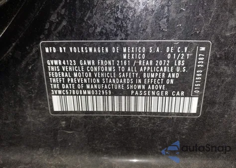 2021 Volkswagen Jetta 1.4T R-Line/1.4T S/1.4T Se z USA, uszkodzony, nr VIN 3VWC57BU8MM032959